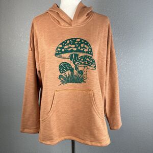 Yak & Yeti Mushroom Print Hoodie Sweatshirt w Pocket Orange Cotton French Terry